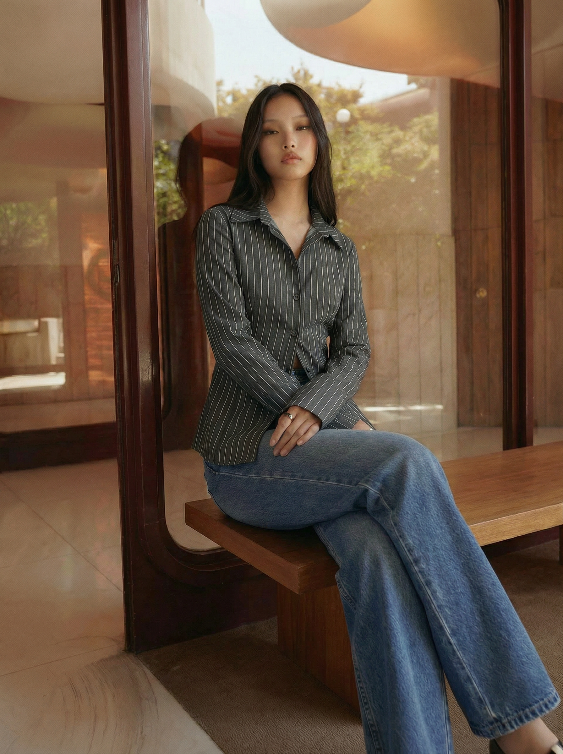 STRIPED POLO SHIRT WITH LONG SLEEVES AND BOW DETAIL