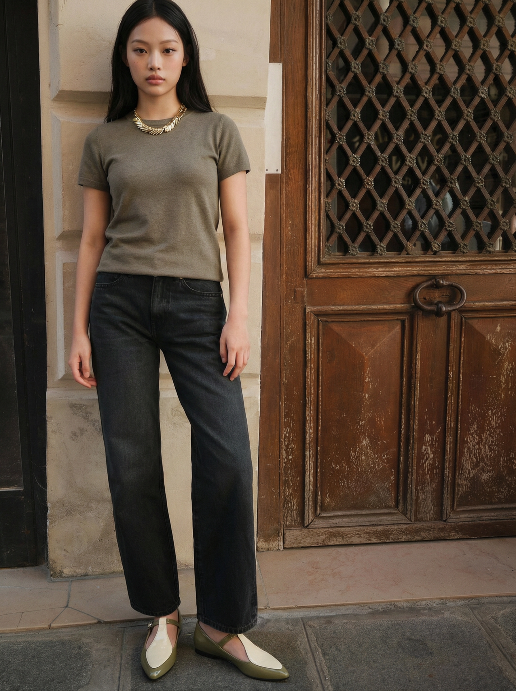 FLAT SHOES WITH POINTED TOES AND A T-STEP