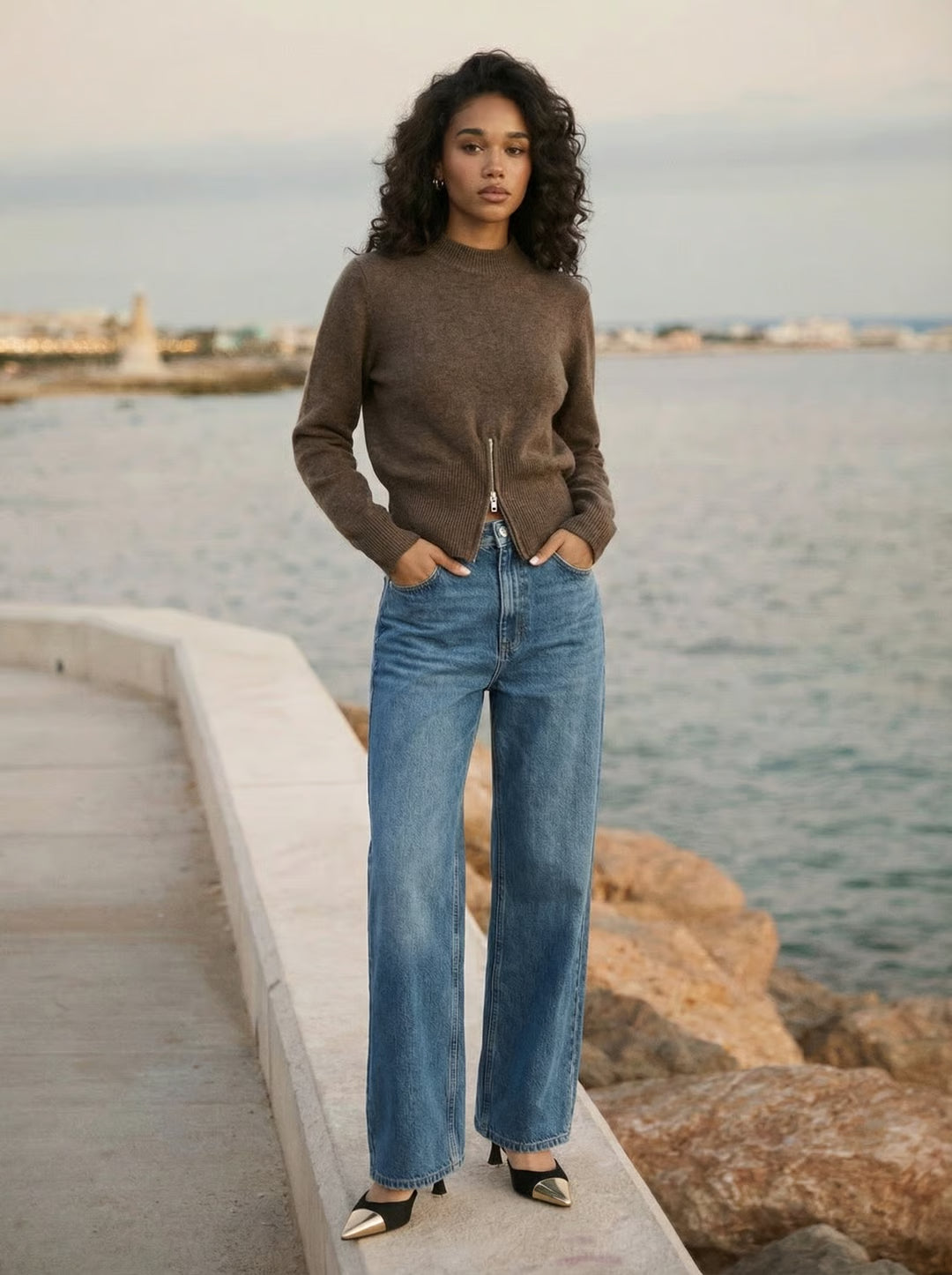 Waist-Confining Zip-Up Sweater Brown