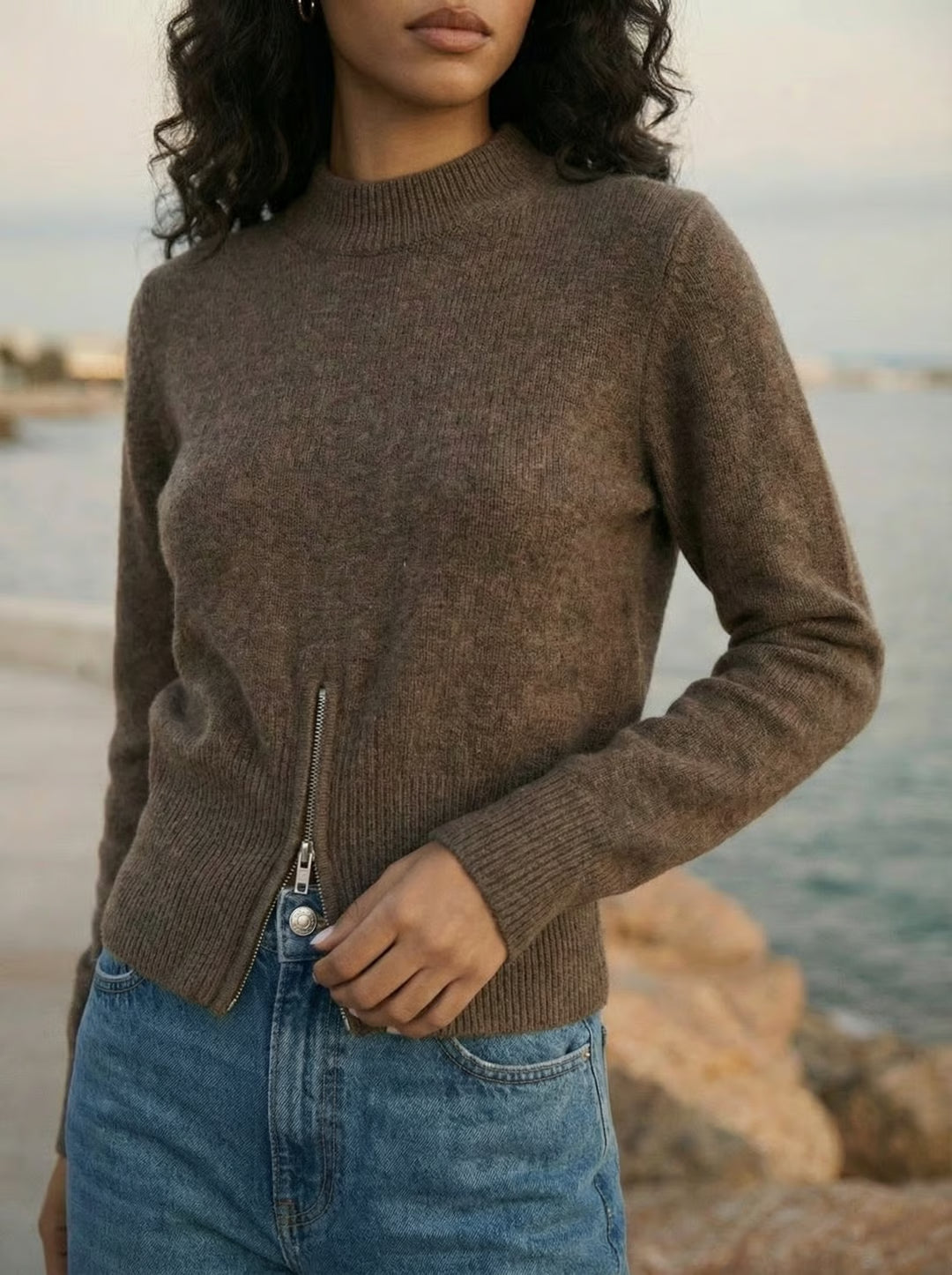 Waist-Confining Zip-Up Sweater Brown