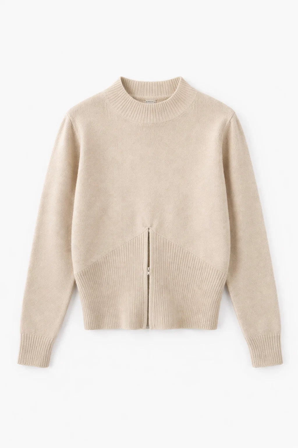 Waist-Confining Zip-Up Sweater Beige